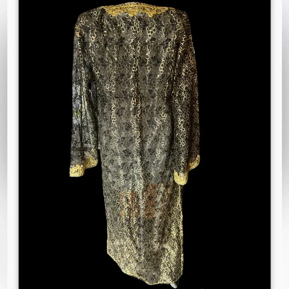 Gorgeous vintage sheer black lace trimmed with gold over coat or pool cover up - Picture 2 of 7